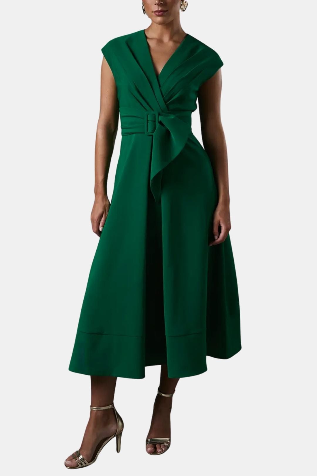 Belted V-Neck Crepe Midi Dress Elegant Occasion