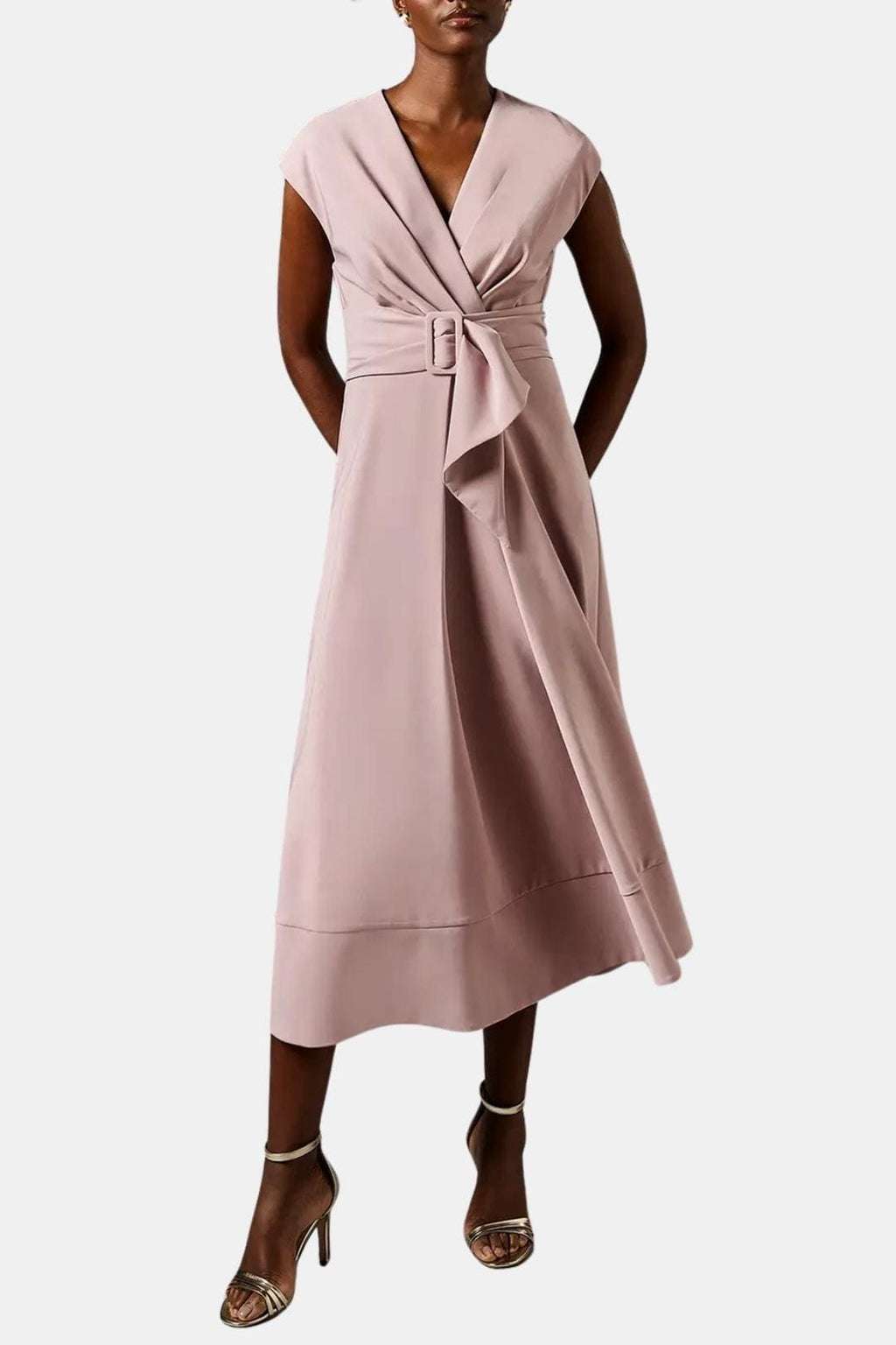 Belted V-Neck Crepe Midi Dress Elegant Occasion