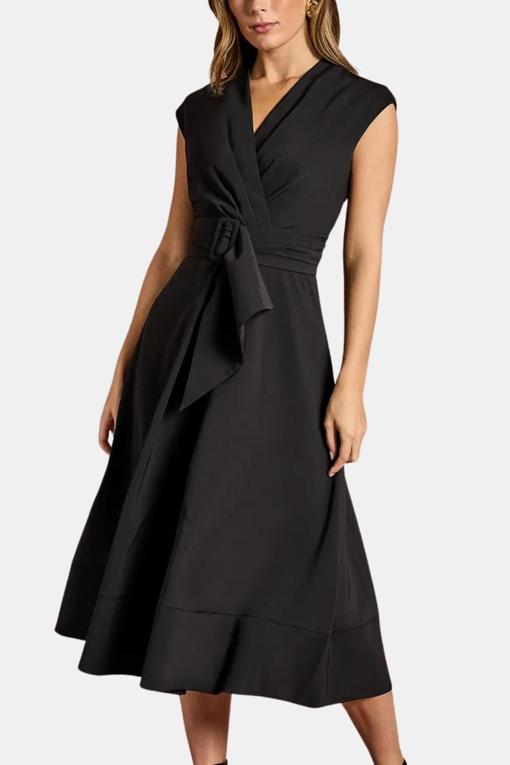 Belted V-Neck Crepe Midi Dress Elegant Occasion