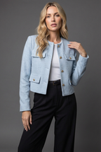 Cropped Blazer Tweed Round Neck Long Sleeve