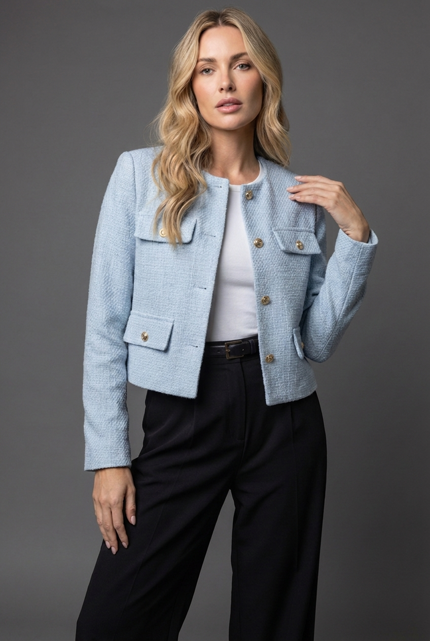 Cropped Blazer Tweed Round Neck Long Sleeve