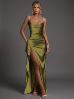 Bodycon Maxi Dress Satin Ruched Split Strappy