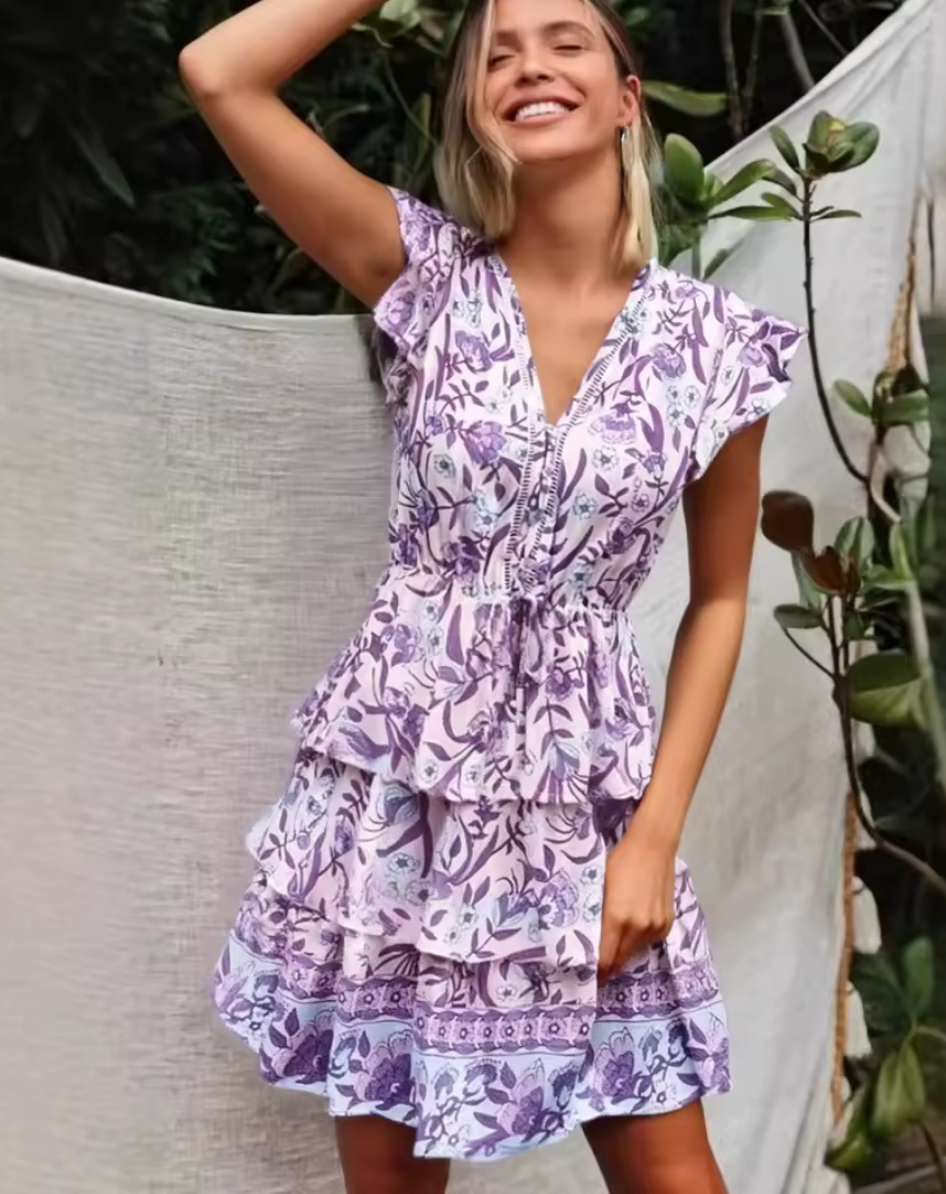 Boho V-Neck Mini Dress A-Line Casual Summer