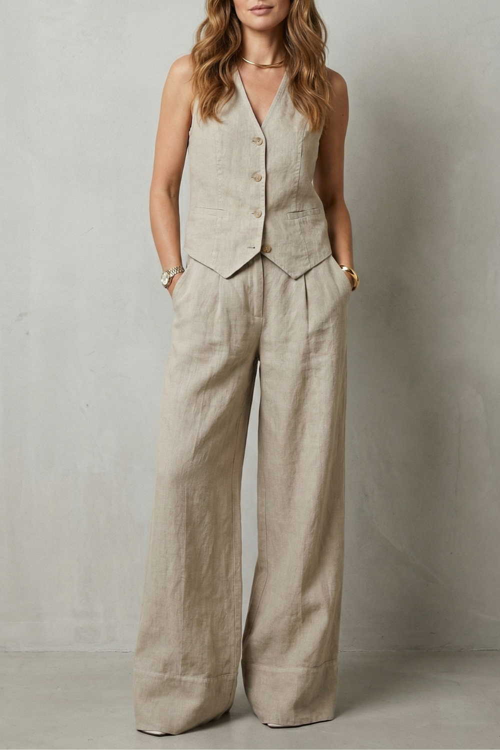 Relaxed Sleeveless Wide-Leg Vest And Trouser Set