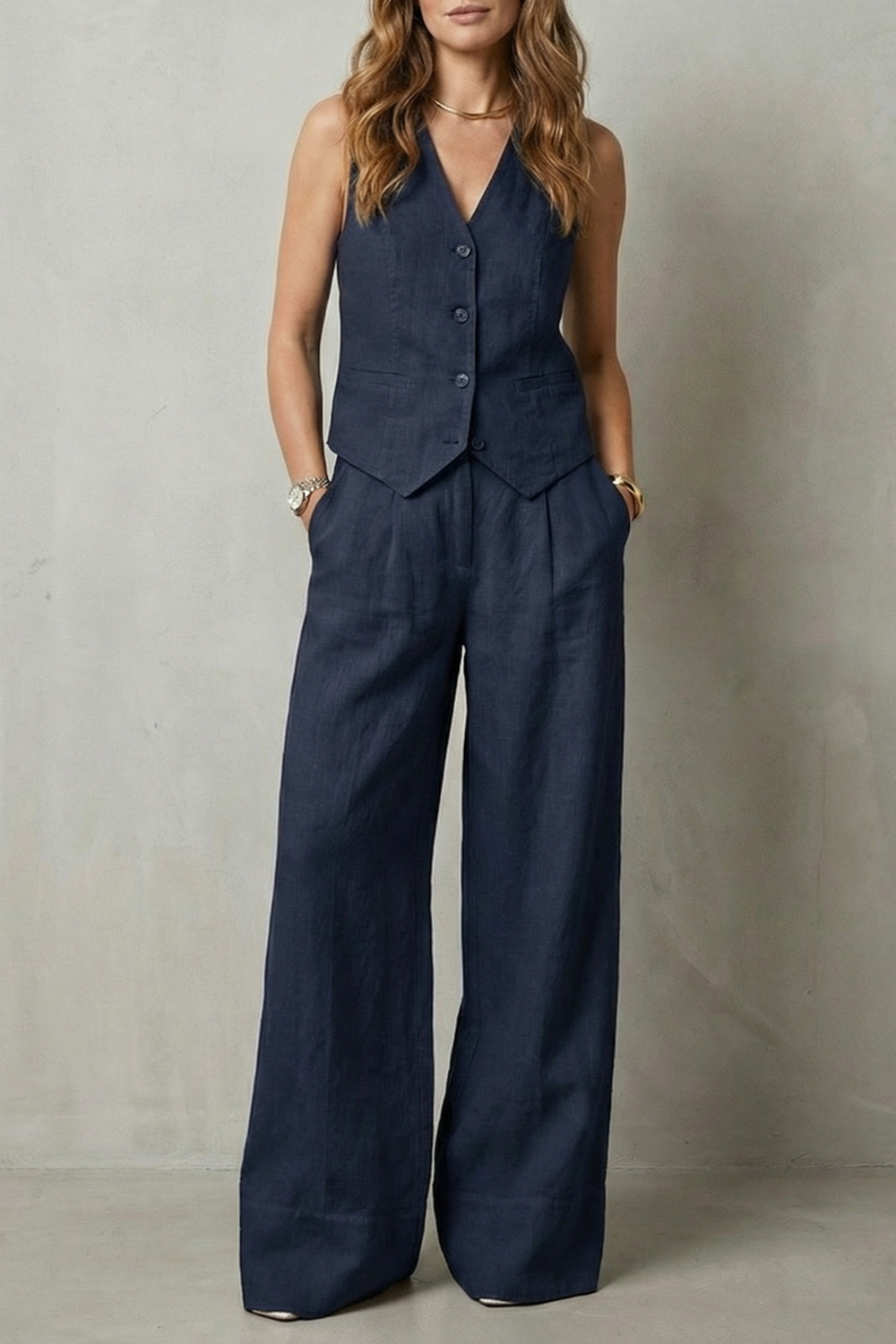 Relaxed Sleeveless Wide-Leg Vest And Trouser Set