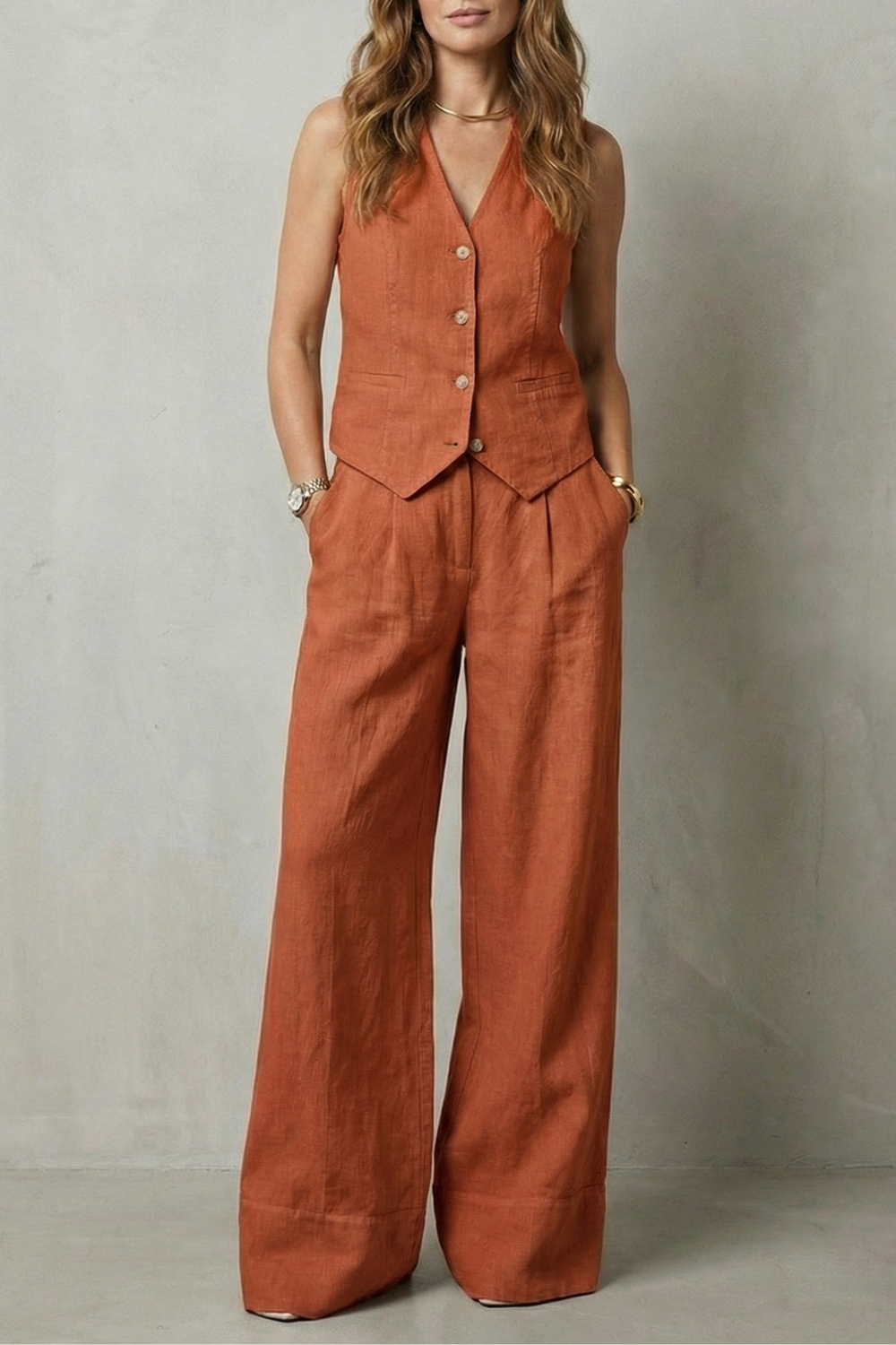 Relaxed Sleeveless Wide-Leg Vest And Trouser Set