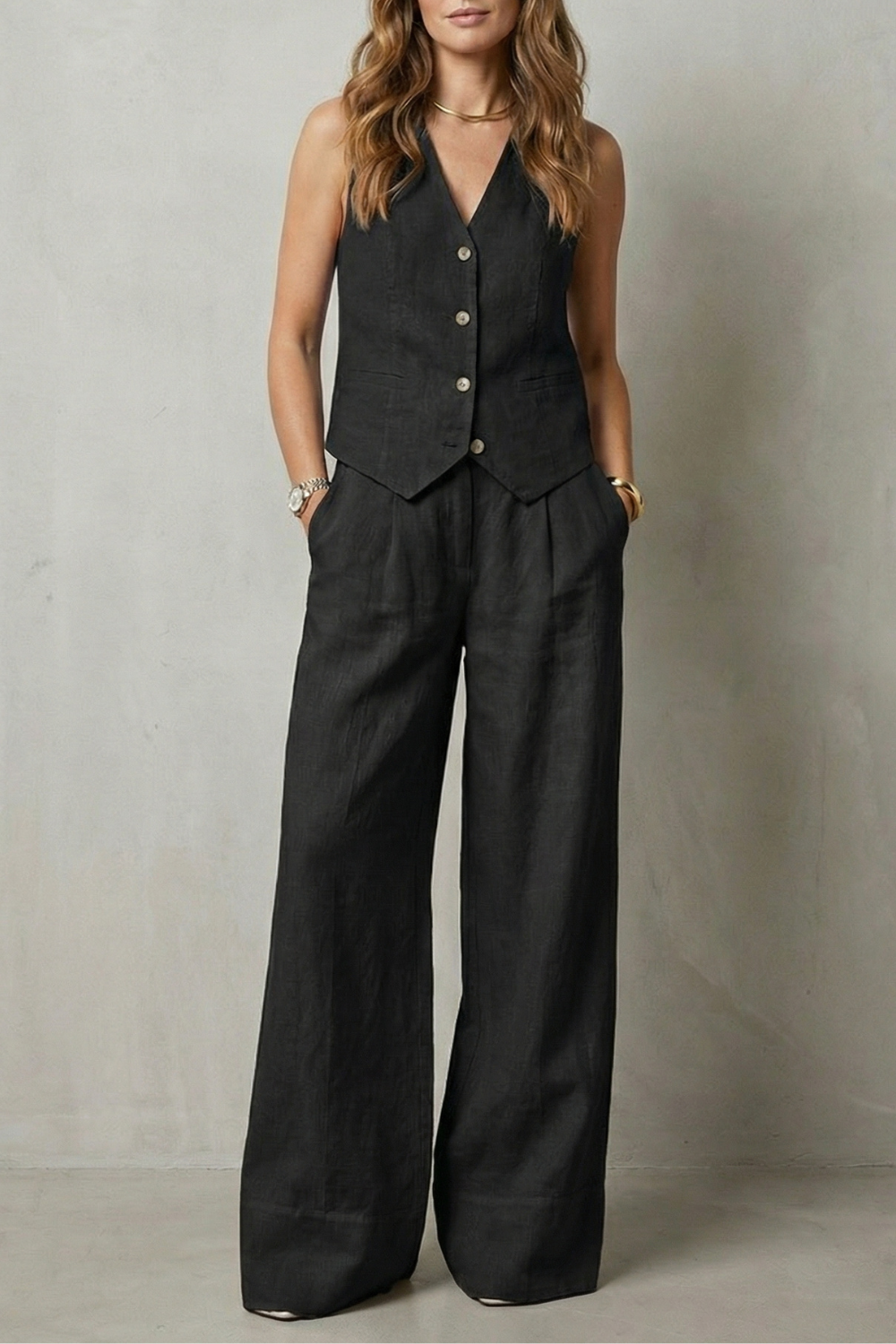 Relaxed Sleeveless Wide-Leg Vest And Trouser Set