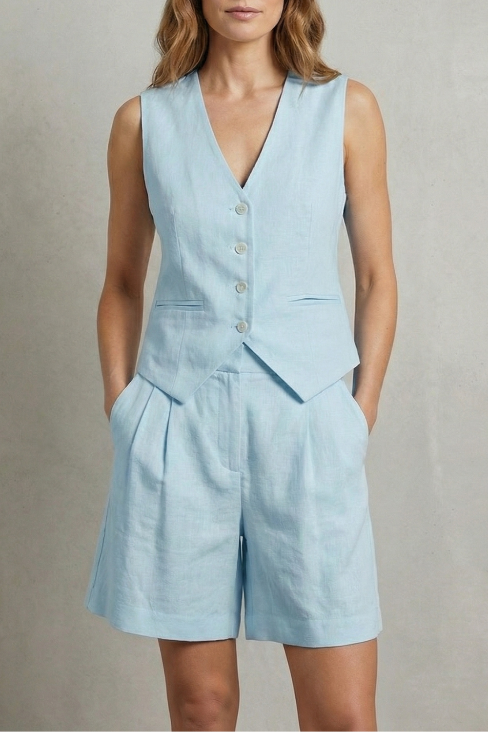 V Neck Sleeveless Vest And Short Set