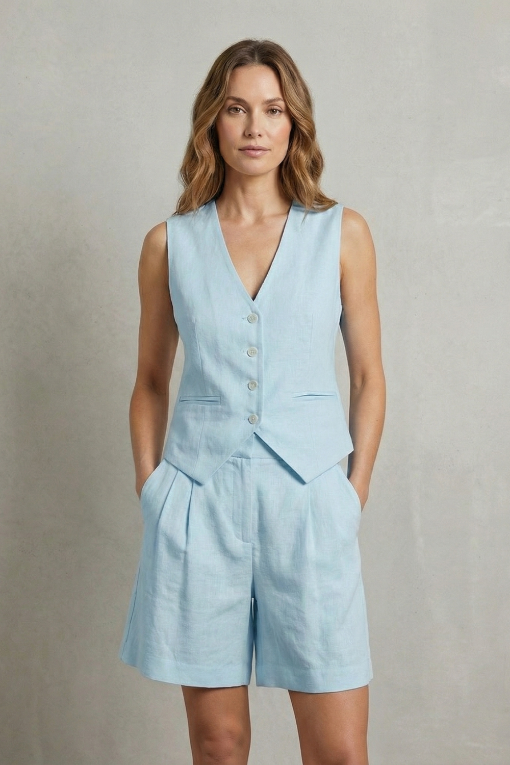 V Neck Sleeveless Vest And Short Set