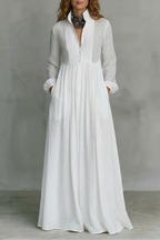 Long Sleeve Button Front Mao Collar Maxi Dress