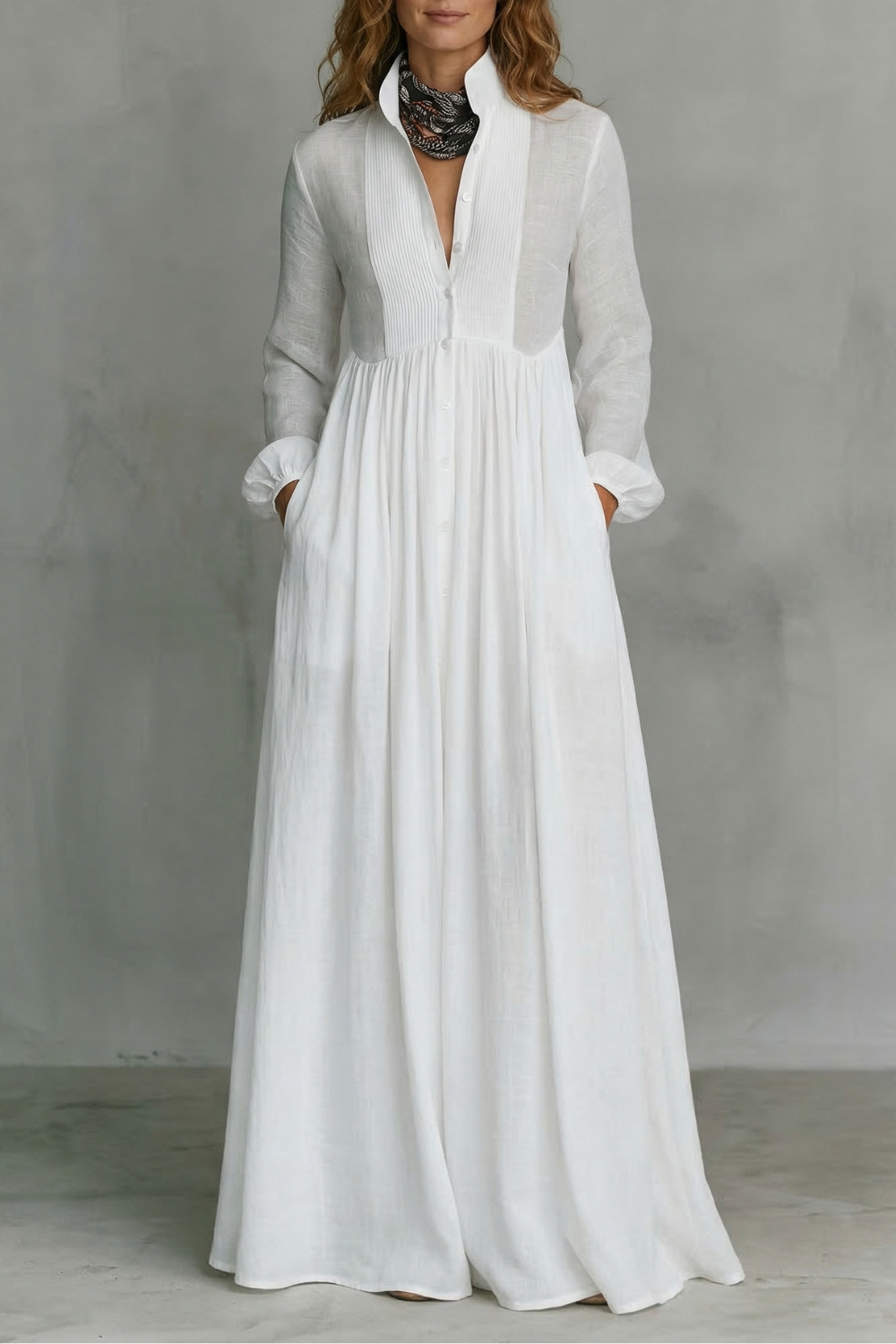 Long Sleeve Button Front Mao Collar Maxi Dress