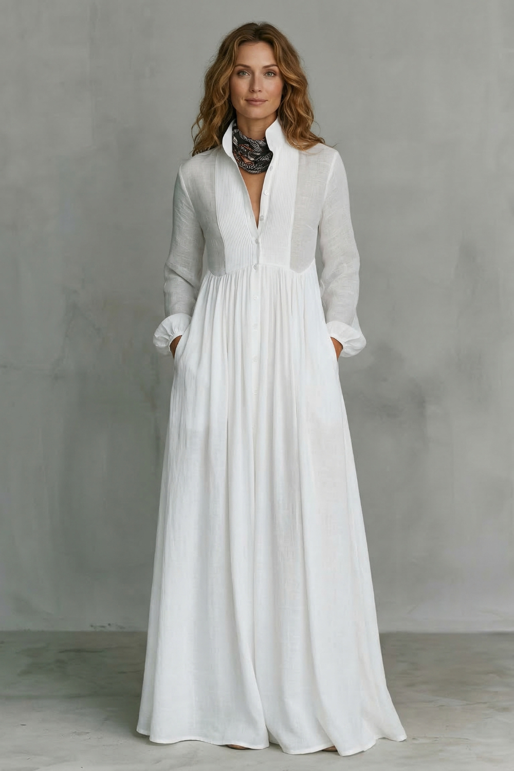 Long Sleeve Button Front Mao Collar Maxi Dress