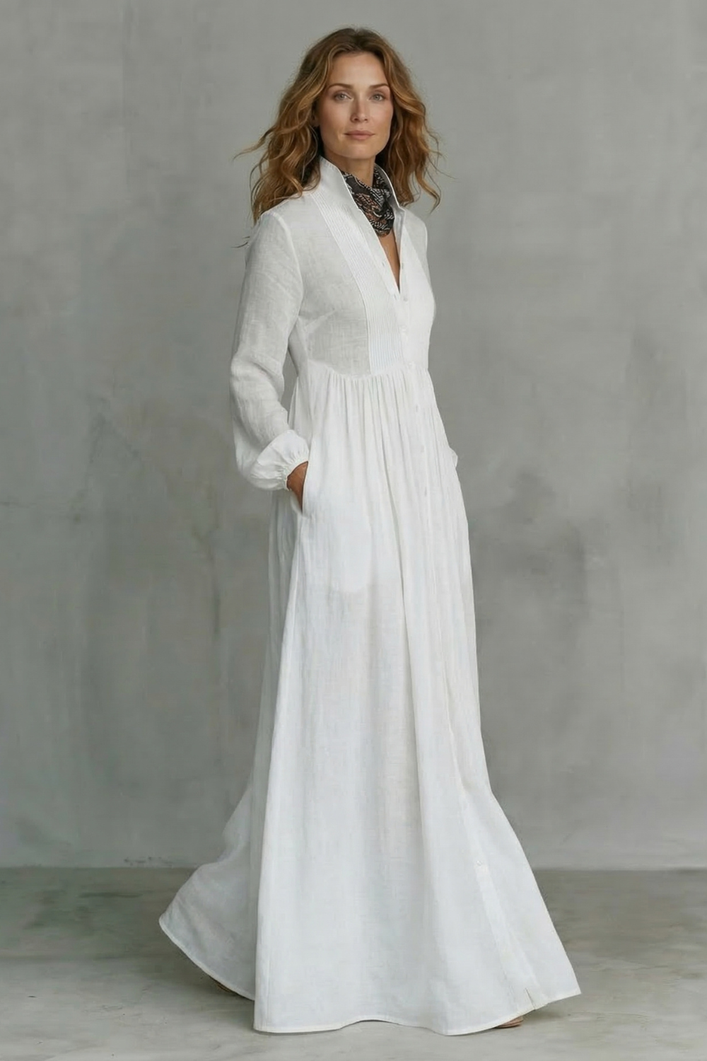 Long Sleeve Button Front Mao Collar Maxi Dress