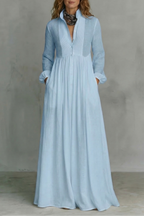 Long Sleeve Button Front Mao Collar Maxi Dress