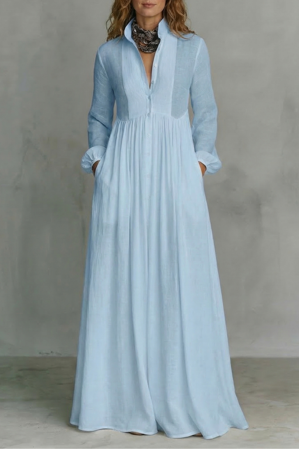 Long Sleeve Button Front Mao Collar Maxi Dress