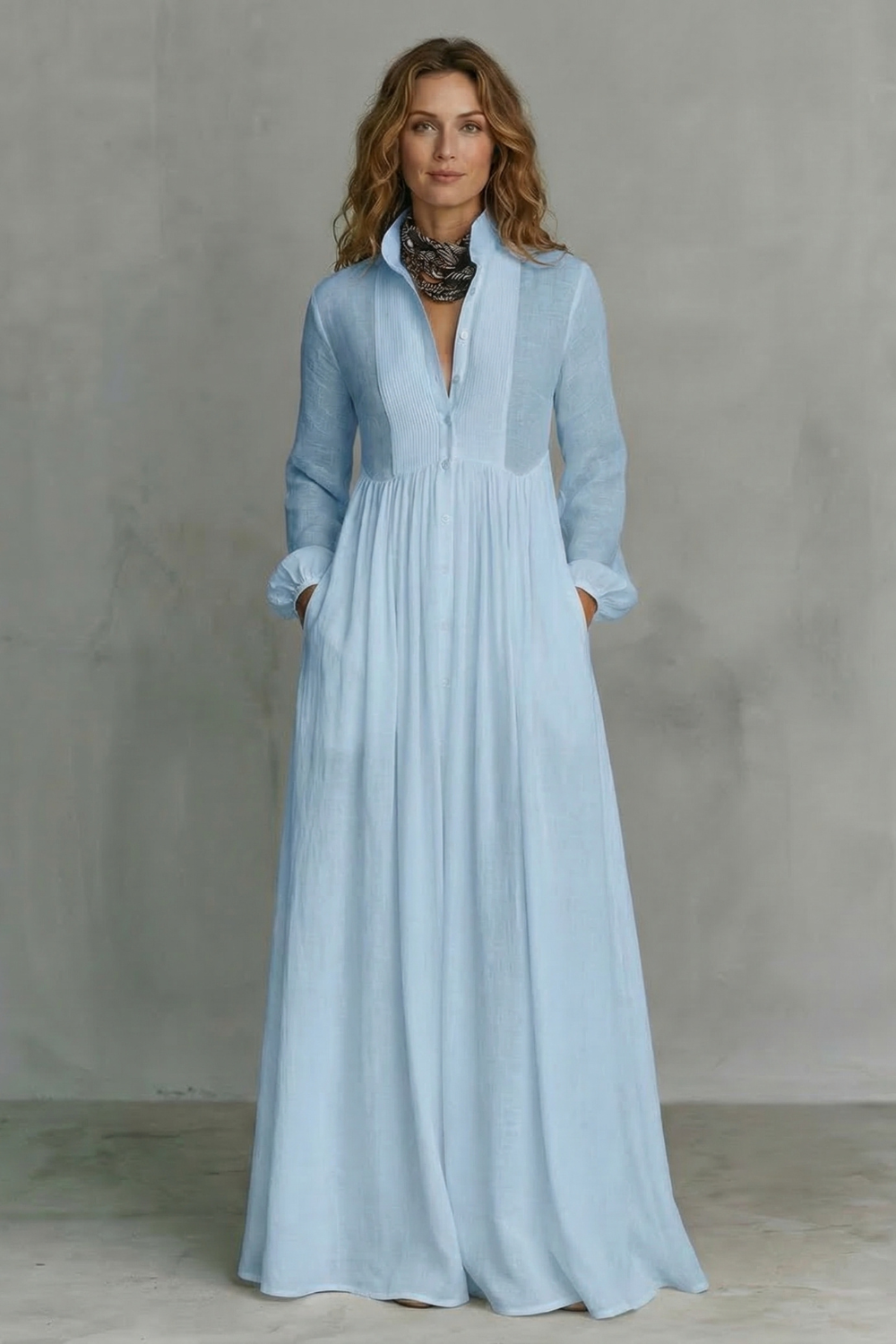 Long Sleeve Button Front Mao Collar Maxi Dress
