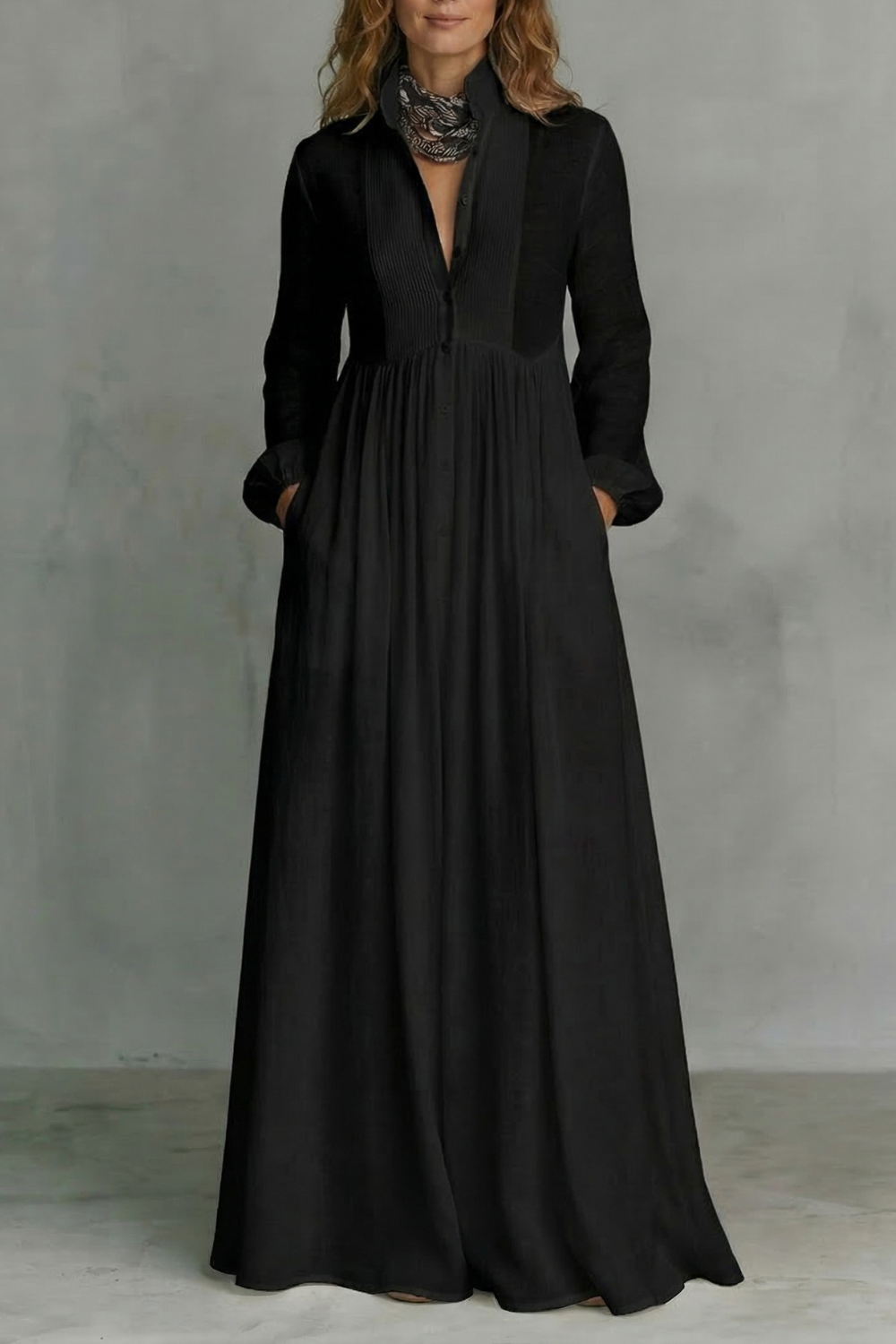 Long Sleeve Button Front Mao Collar Maxi Dress