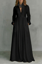 Long Sleeve Button Front Mao Collar Maxi Dress