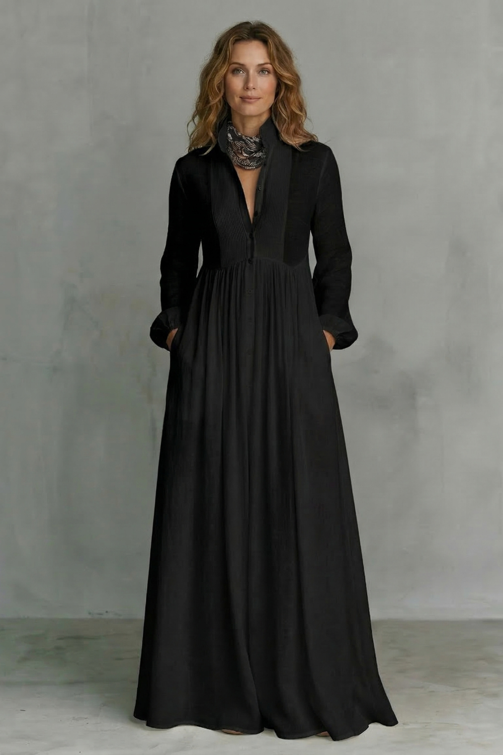 Long Sleeve Button Front Mao Collar Maxi Dress