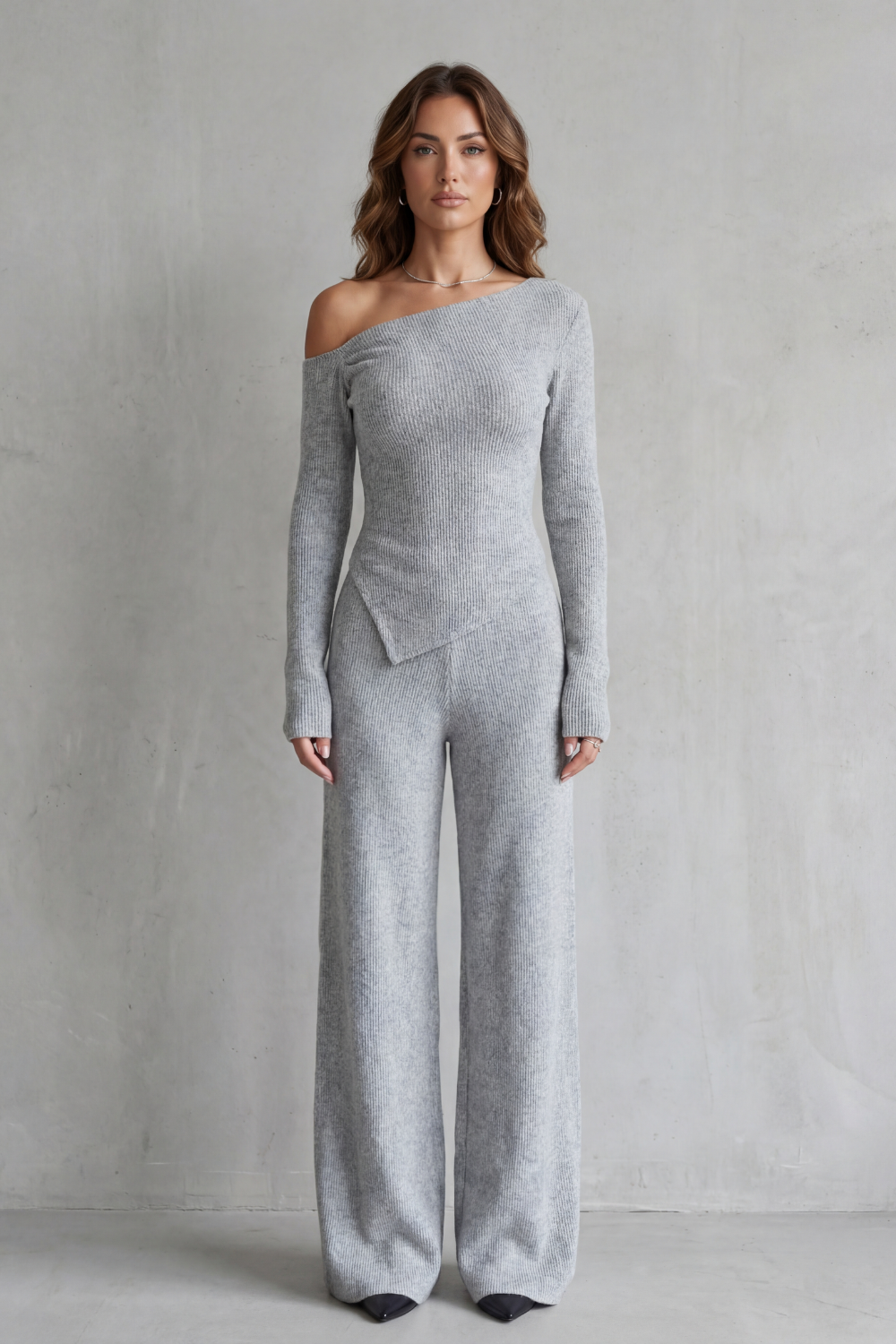 Off Shoulder Wide-Leg Knit Lounge Set