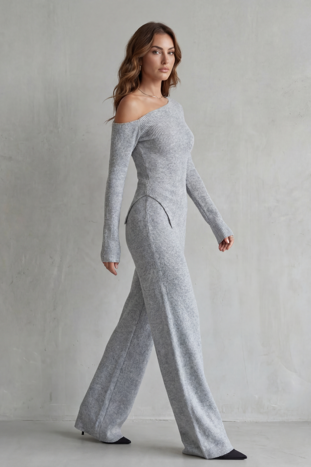Off Shoulder Wide-Leg Knit Lounge Set