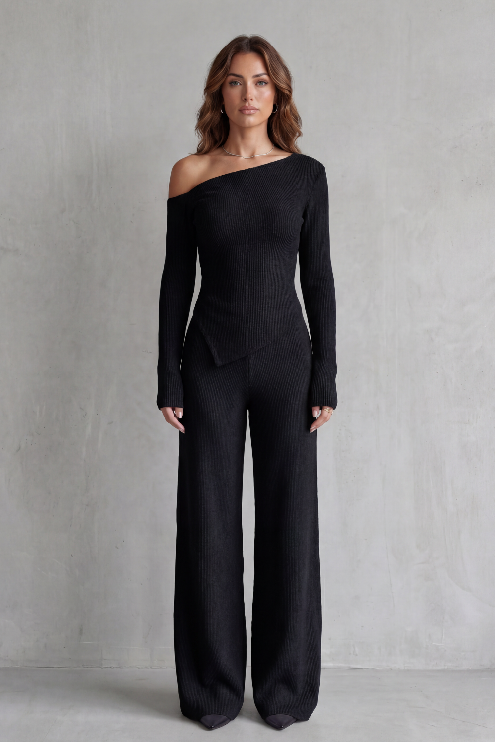 Off Shoulder Wide-Leg Knit Lounge Set