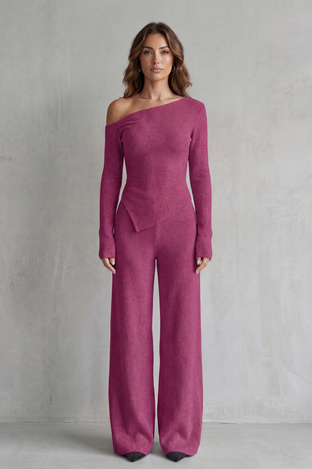 Off Shoulder Wide-Leg Knit Lounge Set