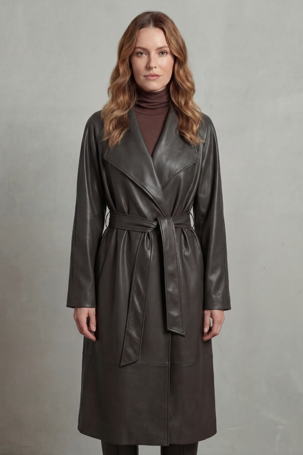Lapel Faux Leather Trench Coat