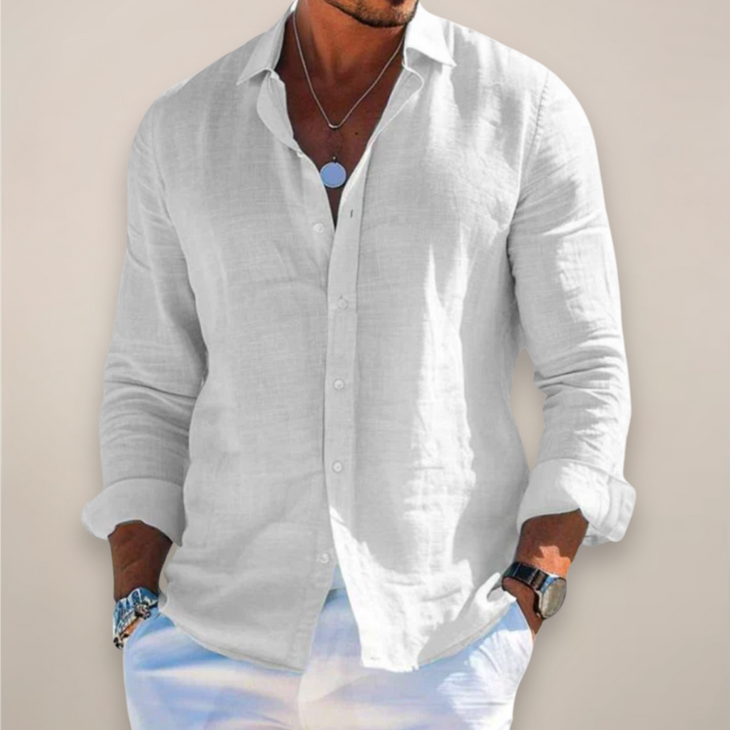Mens Linen Shirt Long Sleeve Open Collar Button Up