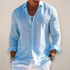 Mens Linen Shirt Long Sleeve Open Collar Button Up