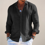 Mens Linen Shirt Long Sleeve Open Collar Button Up
