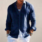 Mens Linen Shirt Long Sleeve Open Collar Button Up