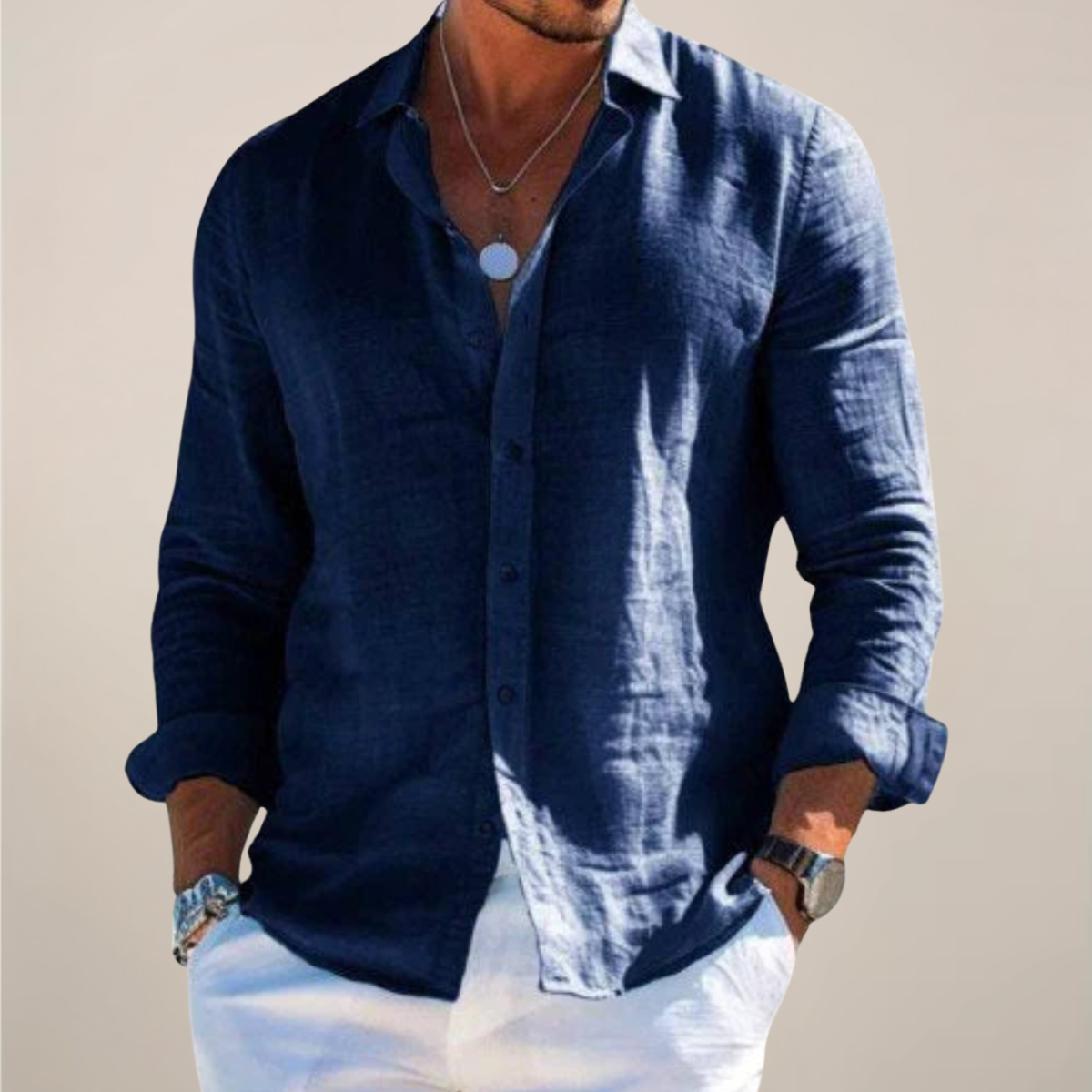 Mens Linen Shirt Long Sleeve Open Collar Button Up