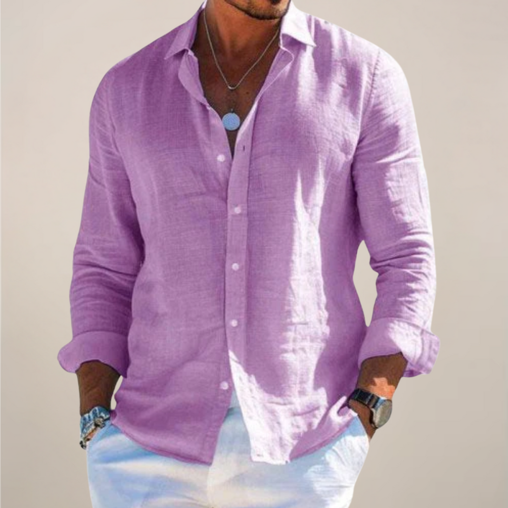 Mens Linen Shirt Long Sleeve Open Collar Button Up