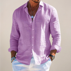 Mens Linen Shirt Long Sleeve Open Collar Button Up