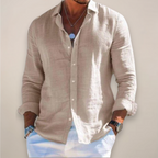 Mens Linen Shirt Long Sleeve Open Collar Button Up
