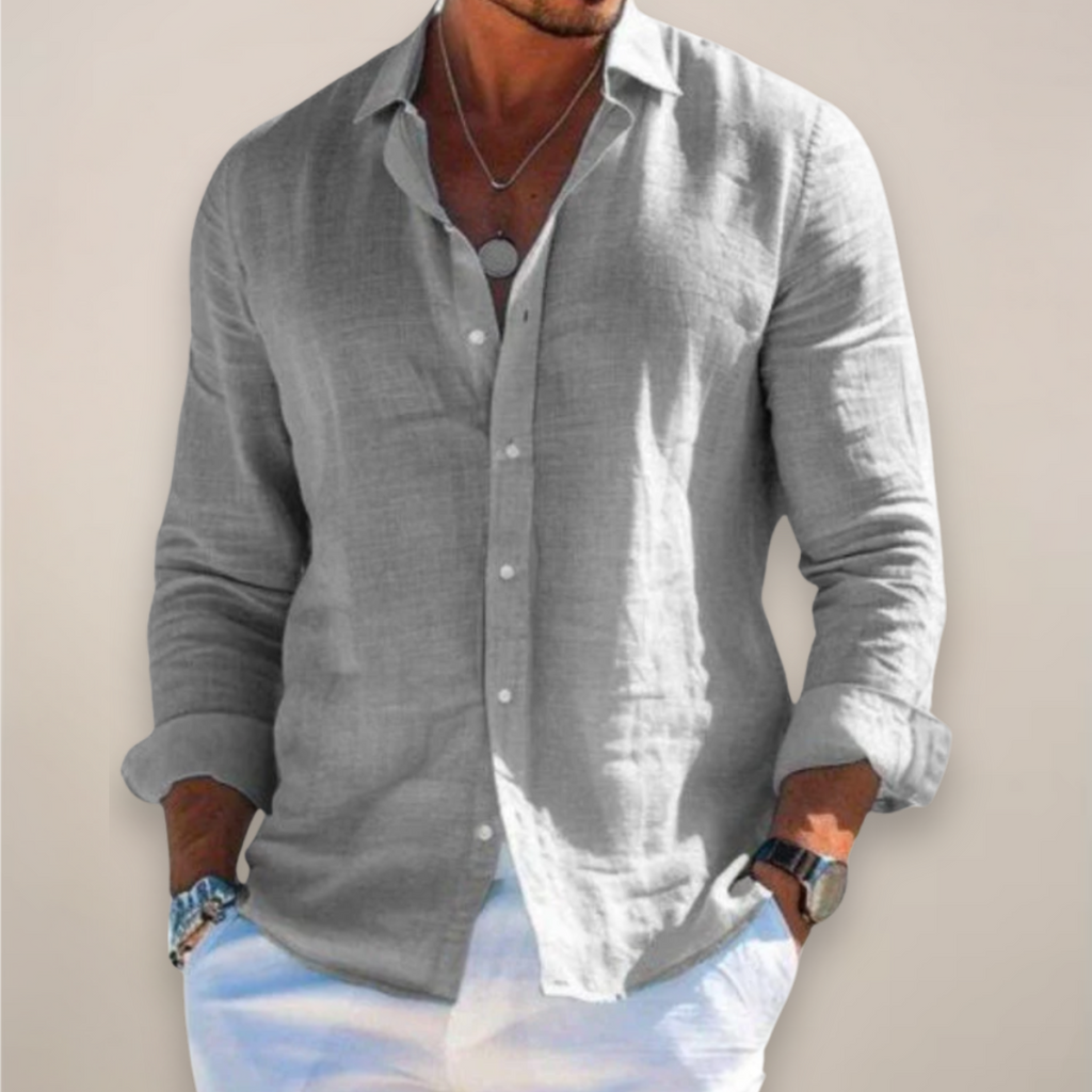 Mens Linen Shirt Long Sleeve Open Collar Button Up