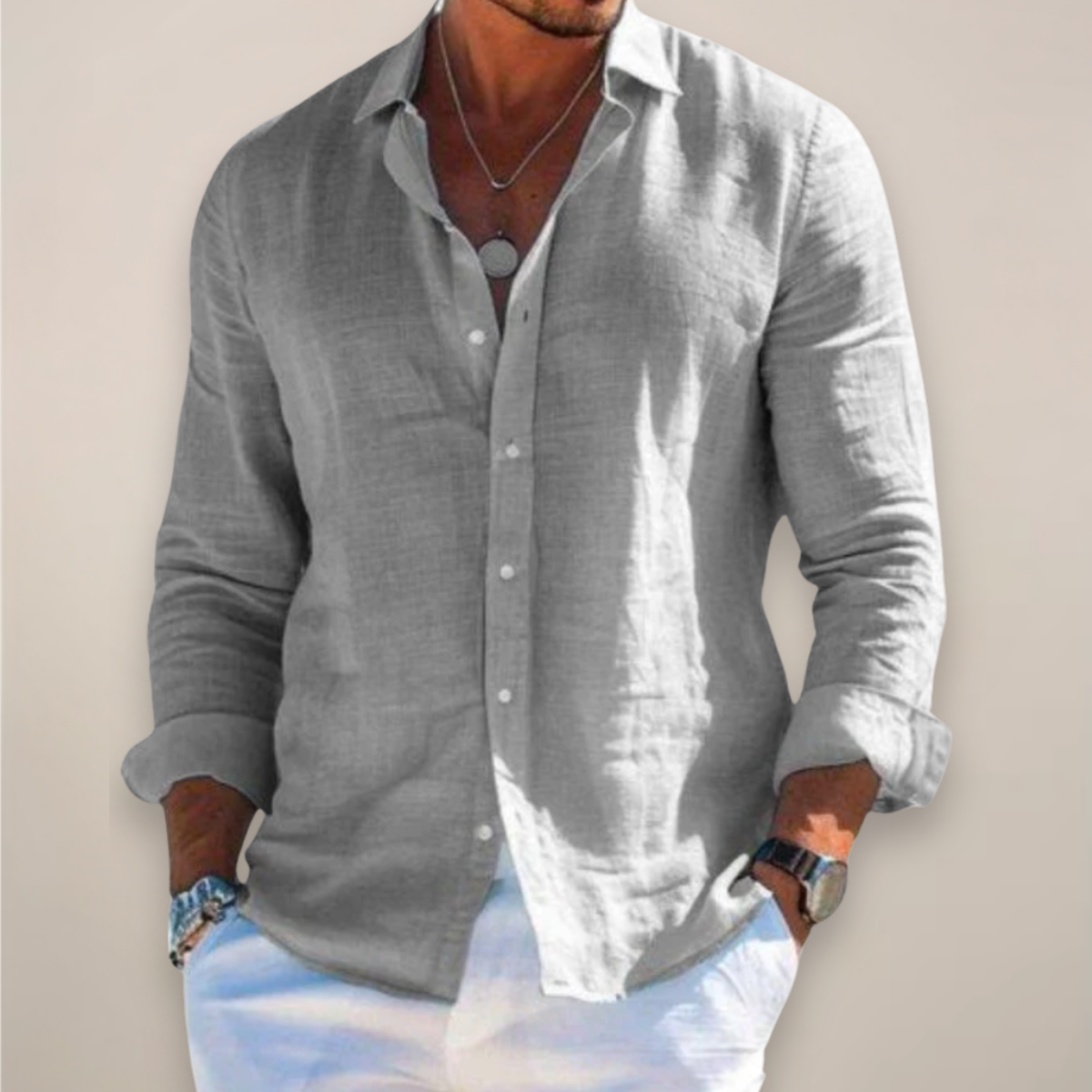 Mens Linen Shirt Long Sleeve Open Collar Button Up