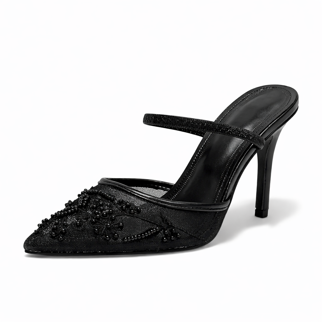 Elegant Mesh Pointed Toe Embroidered Mules