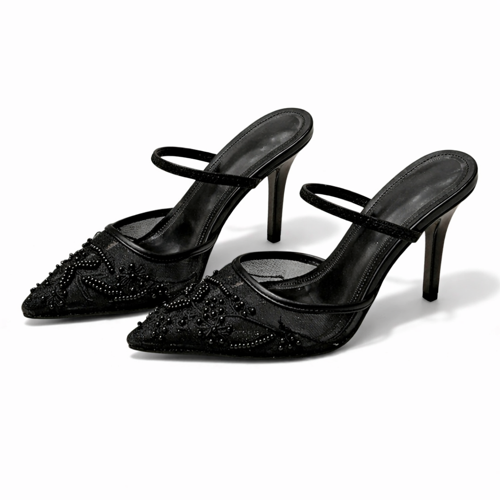 Elegant Mesh Pointed Toe Embroidered Mules