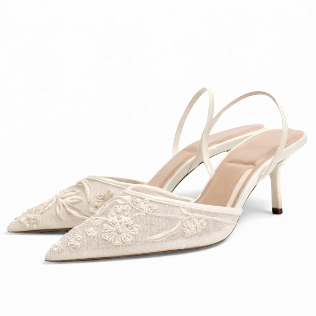 Elegant Mesh Pointed Toe Embroidered Mules