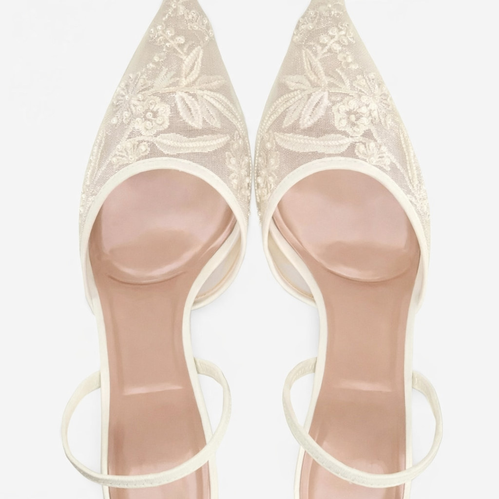 Elegant Mesh Pointed Toe Embroidered Mules