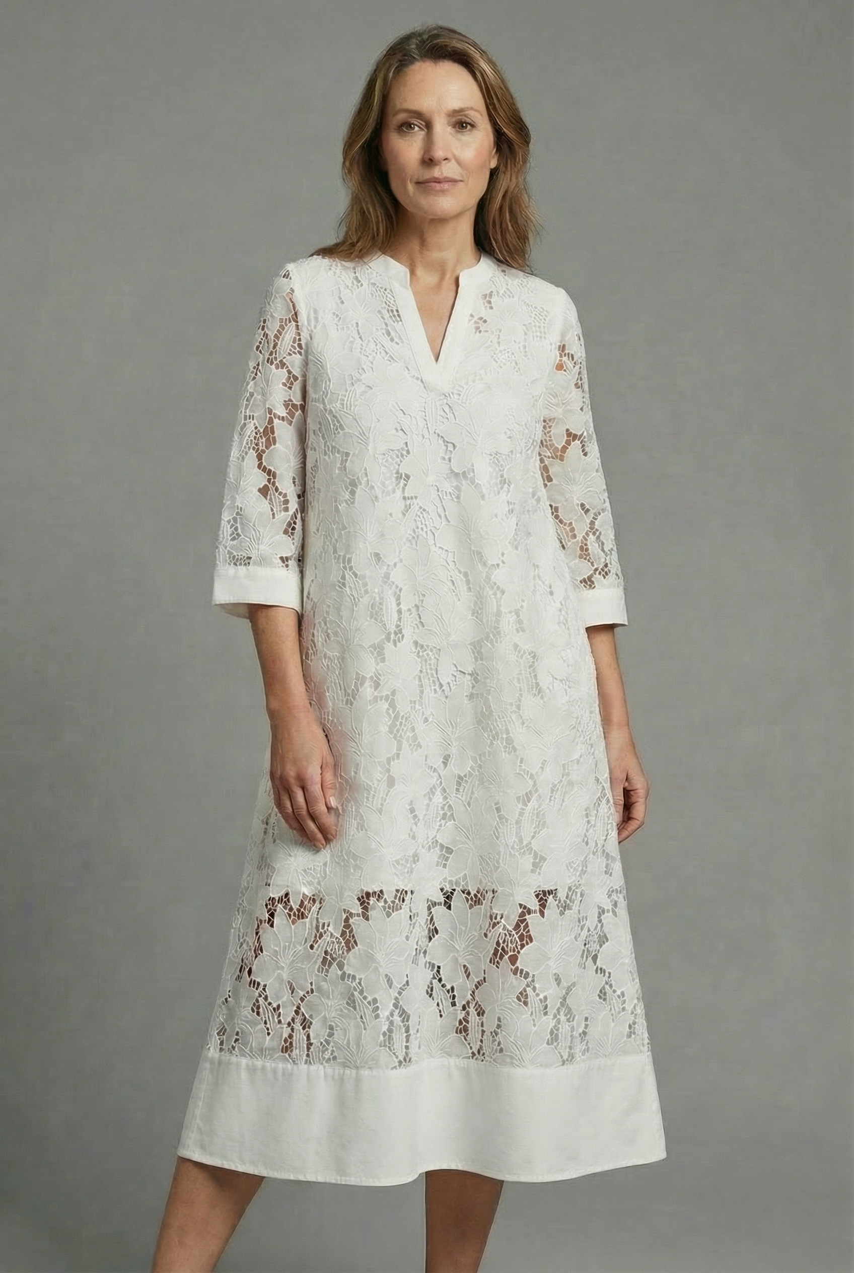 Embroidered Midi Dress Lace Relaxed Fit