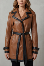 Lapel Wrap Belted Faux Leather Trench Coat