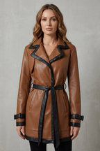 Lapel Wrap Belted Faux Leather Trench Coat