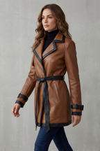Lapel Wrap Belted Faux Leather Trench Coat