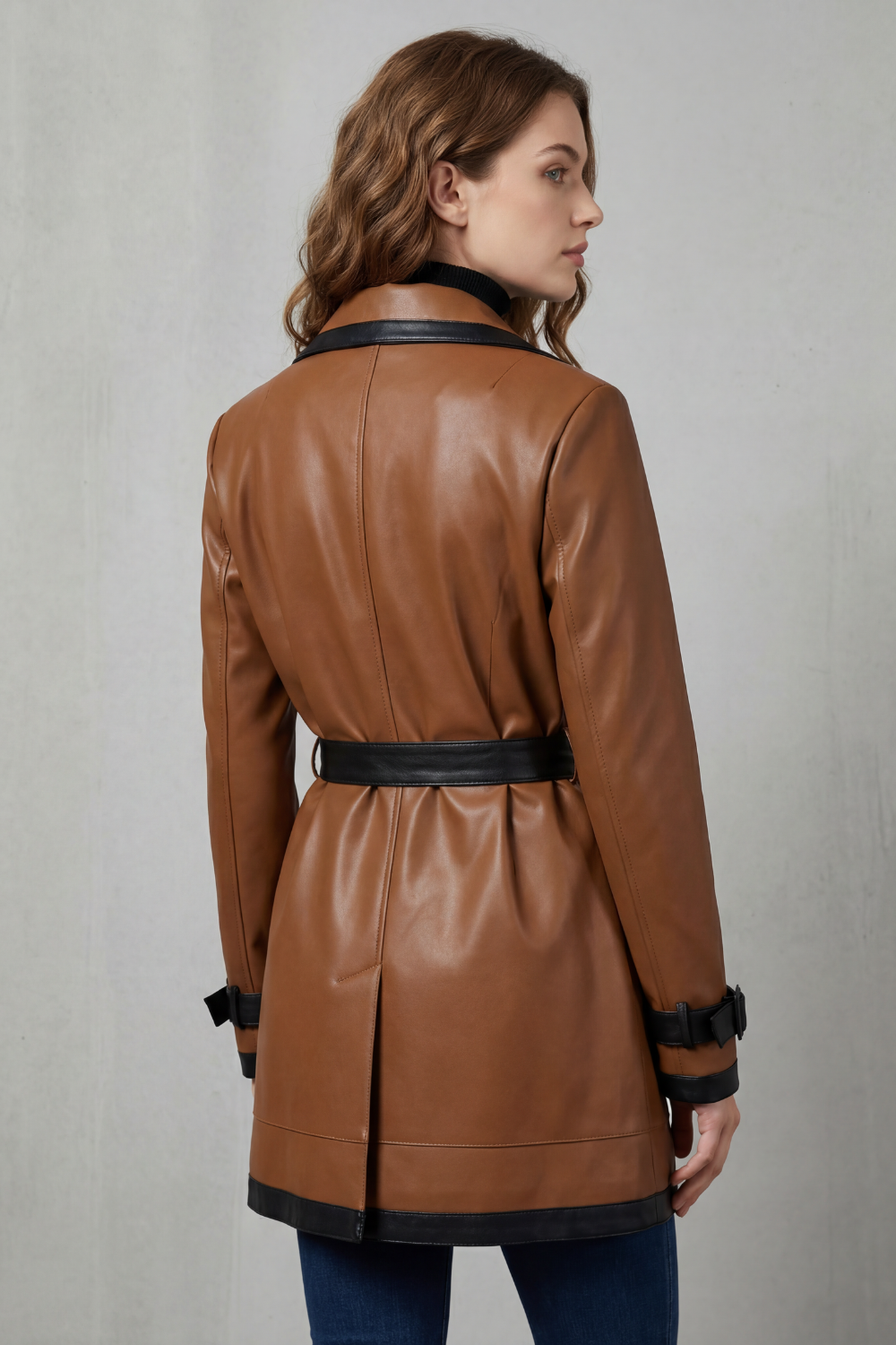 Lapel Wrap Belted Faux Leather Trench Coat
