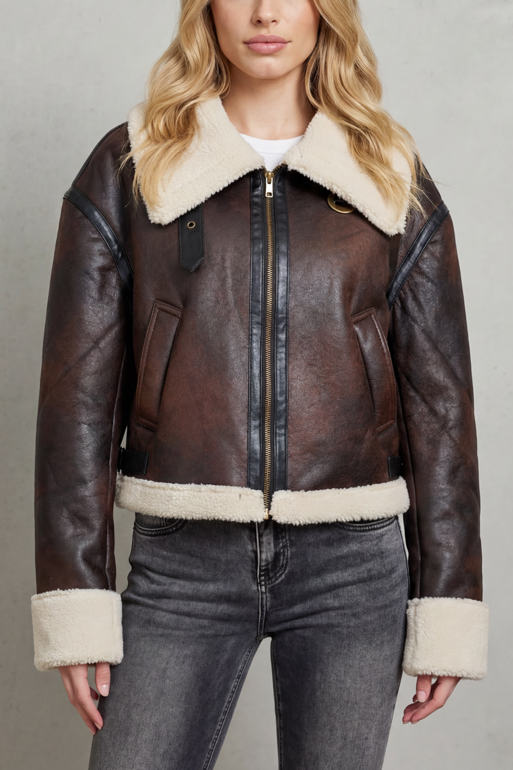 Faux Leather Zip Cropped Aviator Jacket