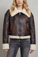 Faux Leather Zip Cropped Aviator Jacket