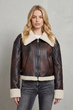 Faux Leather Zip Cropped Aviator Jacket